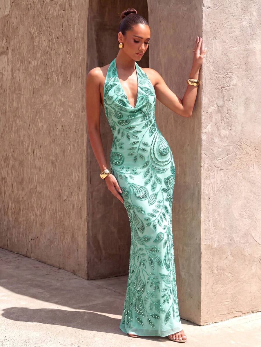 Vestido de cuello halter con cintura anudada y lentejuelas de corte aleatorio UNITHORSE - verde menta - Ver 1