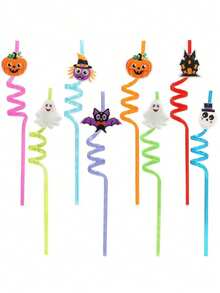 2pcs/Set Shiny Halloween Themed Straws, Made Of Durable And Reusable PET Material, Designed With Bat, Skull, Pumpkin And Witch Spider Patterns. Perfect For Birthday Parties And Spooky Halloween Party Gifts. - Multicolor - View 2
