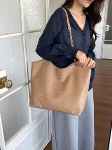 Tas Tote Satu Bahu Wanita Mewah Premium Serbaguna Warna Solid Baru - Khaki - View 8