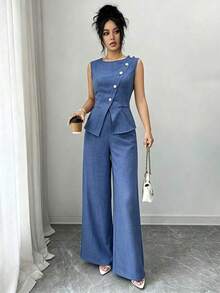 Conjunto de 2 piezas de blusa y pantalones de pierna ancha para mujer, elegante para fiestas de verano, cuello redondo con cuello oblicuo, bo - Azul - Ver 6