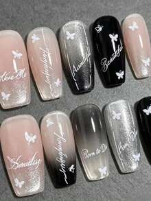 1 Peça Adesivos de Arte de Unhas Nude Fosco Branco & Nude Café com Decoração de Letra Cursiva Inglesa Branca, Design de Linha Branca Limpa Adequado para Unhas Nude Branco Leitoso e Transparente Gelado, Estilo Minimalista de Letra Vintage, Suave e Texturizado para Encontros, Visitas a Lojas e Fotografia, Estilos de Texto Ricos, Corte Suave Sem Resíduos - Multicolorido - Visão 3