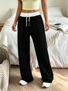 Women's Colorblock Waist Design Elastic Band Pocket Loose Jogger Pants Black - Black - View 4