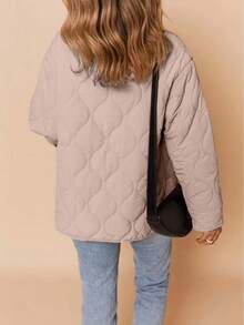 Jaket Kasual Wanita Warna Pink Berbahan Quilted Tanpa Kerah dengan Kancing Depan, Musim Gugur/Dingin - mawar coklat - View 2