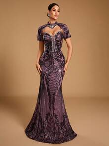 GIFORU Women's Elegant Romantic Deep V-Neck Rhinestone Mermaid Cocktail Dress, Sequin Decorated Party Long Gown, Unique Fashion Wedding Fall - Lilac Purple - View 4