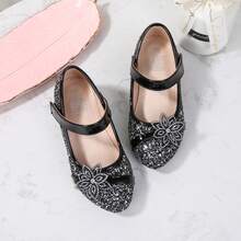 1 Pair Girls' Glitter Round Toe Shoes With 3D Rhinestone Flower Decor, Hook & Loop Strap For Easy Wear And Secure Fit, Casual Versatile Princess Heel Shoes - Black - View 15