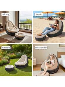 2pcs Slouchy Sofa Inflatable Chair Folding Lounge Chair (Sofa + Footstool) Outdoor Sofa Bed With Footstool, Indoor/Outdoor Portable Folding Inflatable Mat Nap Leisure Chair Set - Multicolor - View 6