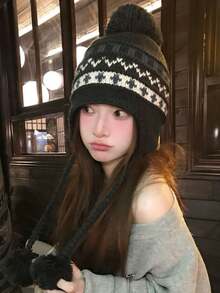 1pc New Fair Isle Thick Wool Knit Hat, Fashionable Knitted Beanie, Warm And Cold-Proof, With Fleece Lining And Pom Pom - Multicolor - View 4