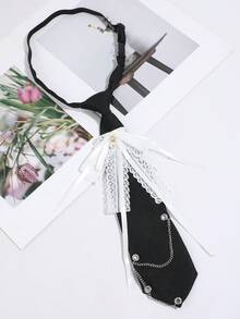 1pc Women Pink Lace Ribbon Pearl Chain Decor Slim Necktie Sweet Preppy Style Shirt Suit Accessory - Multicolor - View 11