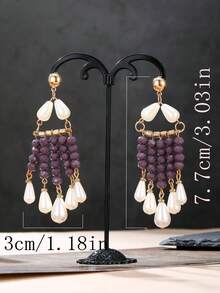 1pair Bohemian Purple Bead Tassel Earring Elegant Gold Color Faux Pearl Drop Earring Women Fashion Statement Wedding Party Jewelry Accessories - Earring Pendant - View 5