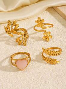 4pcs Stainless Steel 18K Gold Plated Elegant Leaf Heart Plumeria Ring Set, Suitable For Women's Daily Wear, Gift, Travel - Multicolor - View 6