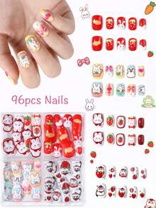 96pcs (4 Styles)/Box, Short Oval Cute Rabbit, Cat And Strawberry Pattern Nail Stickers, Sweet Style Press-On Nails - 彩色 - 查看 1