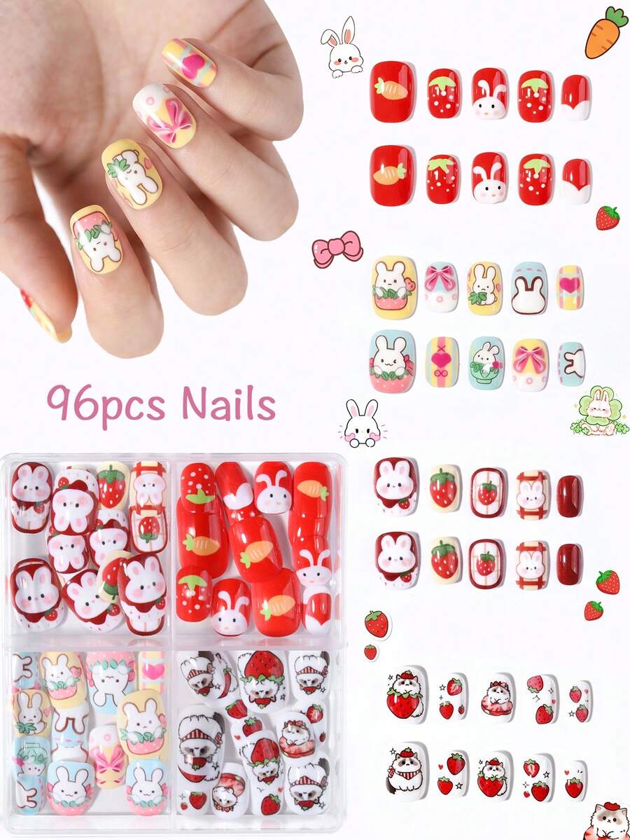 96pcs (4 Styles)/Box, Short Oval Cute Rabbit, Cat And Strawberry Pattern Nail Stickers, Sweet Style Press-On Nails - 彩色 - 查看 1