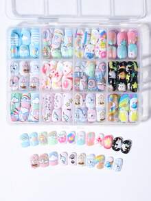 288pcs Y2K Style Little Girl Nail Stickers, Acrylic Material, Pre-Coated Gel, Full Coverage Press-On Nails, Shiny Cute Patterns Including Rainbow, Unicorn, Heart And Star Elements, Short Adhesive Nail Stickers, Perfect For Little Girls - Cute Unicorn Theme - Multicolor - View 4