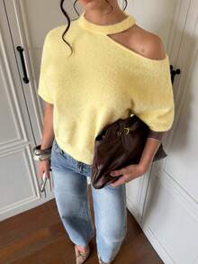 Women's Autumn Fashion Minimalist Elegant Off-Shoulder Soft Comfortable Slimming Cream Yellow Mid-Short Sleeve Sweater - Yellow - View 3