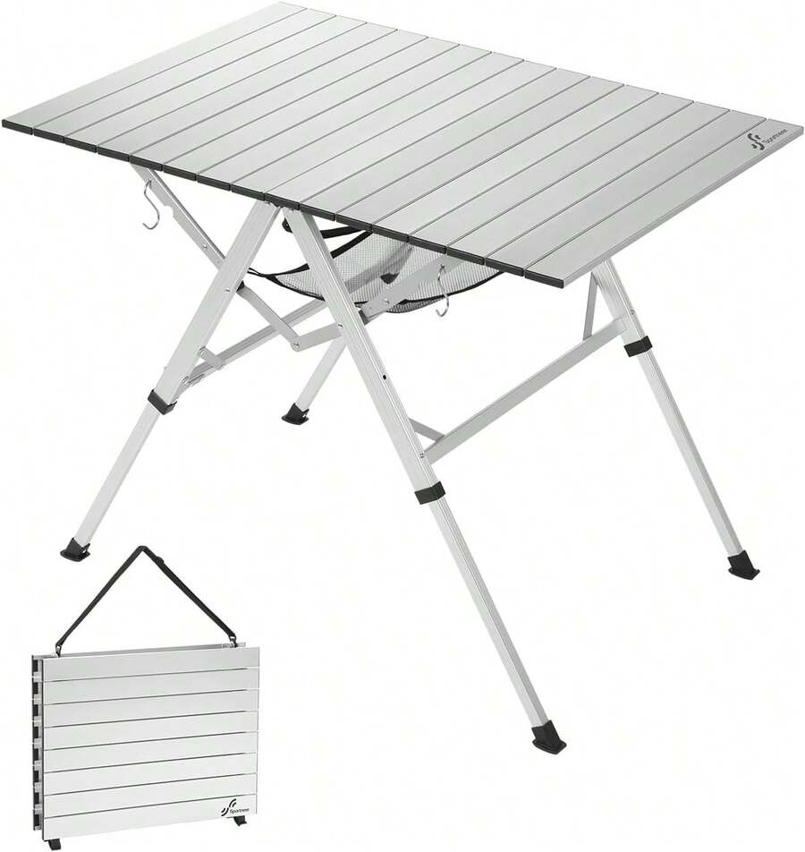 Sportneer Tragbarer Klappbarer Campingtisch mit Zwei Platten, Schnellöffnung, Verstellbare Höhe von 41,9 bis 70,1, 89,9 x 60,9, Leichter Aluminiumtisch, Griff und Schultergurt für Picknicks ARL7 - Silber - Übersicht 1
