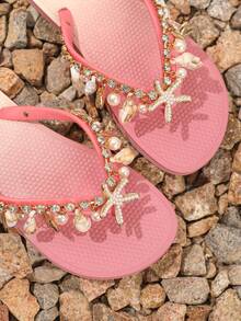 Evertop Surf 女款軟底波希米亞風手工串珠沙灘涼鞋，夏季 - 粉色 - 查看 5