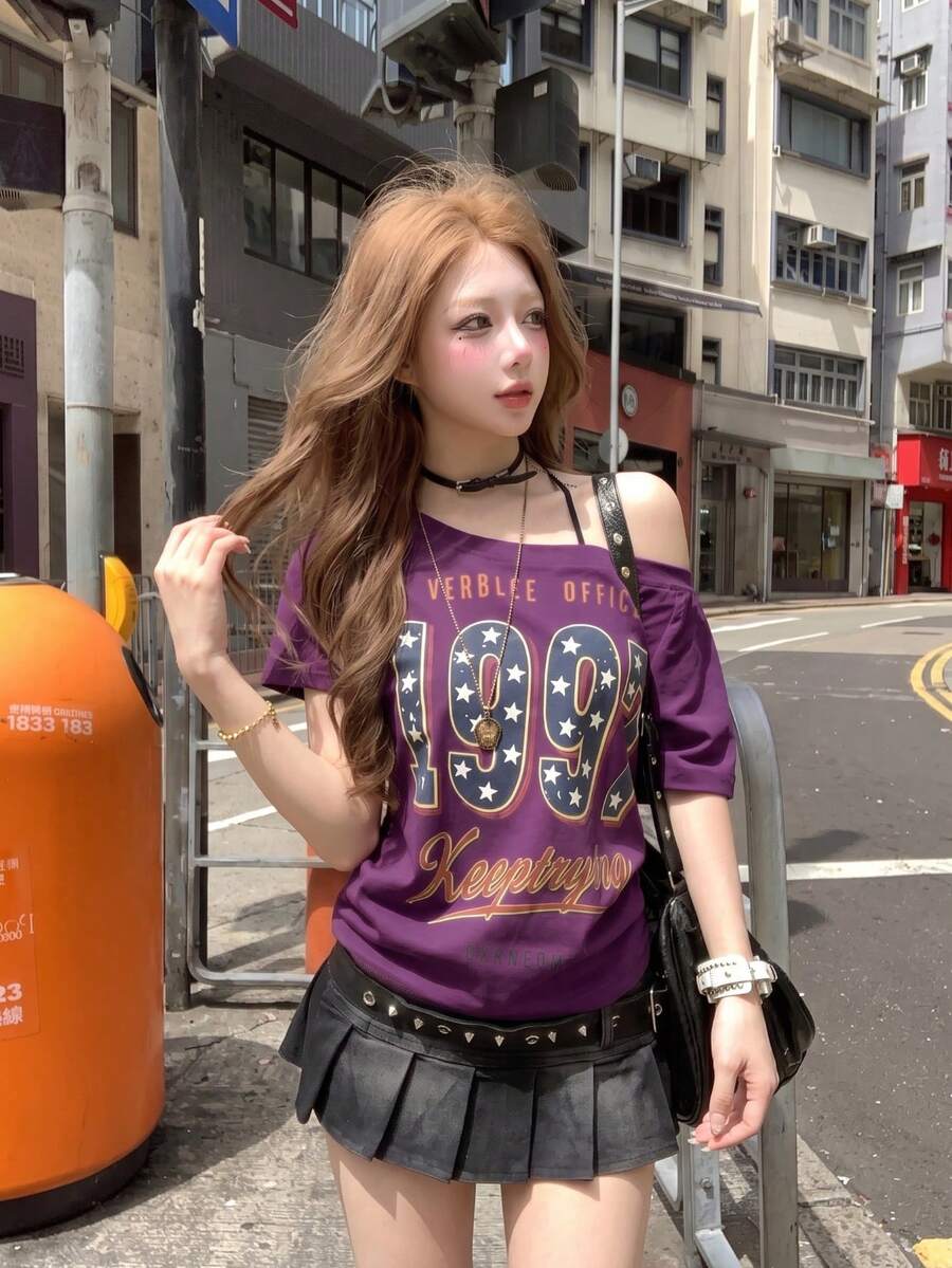 美式復古星星印花不對稱領休閒性感短袖修身設計Ins風女款上衣夏季 - 紫色 - 查看 1