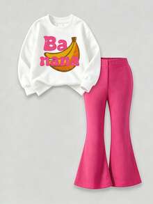 Tween Girl Cartoon Print Crew Neck Sweatshirt And Flare Pants Set - Pink - View 2