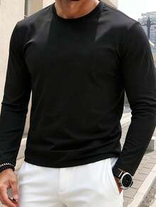 Men's Spring/Autumn Soft Comfortable Lightweight Breathable Solid Color Long Sleeve T-Shirt For Running, Fitness, Sports And Casual Wear - Black - View 2