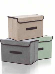 1 Washable Linen Foldable CD Storage Box, Foldable Storage Bin, Toy Organizer Basket With Lid, Laundry Hamper - Pink - View 3
