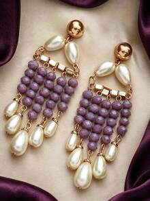 1pair Bohemian Purple Bead Tassel Earring Elegant Gold Color Faux Pearl Drop Earring Women Fashion Statement Wedding Party Jewelry Accessories - Earring Pendant - View 6