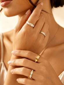Set Cincin Wanita Stainless Steel Bertatahkan Elemen Daun Semanggi Elegan 3 Buah Satu Baris, Cocok untuk Kasual, Kencan, Berbagai Acara atau Hadiah Liburan untuk Teman - WD008JZ-8+JM757JZ-8+FSY034JZ-8 - View 6
