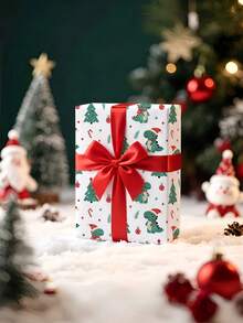 3/2/1 Roll Of Christmas Gift Wrapping Paper Featuring A Cartoon Dinosaur Wearing A Santa Hat; Made Of Coated Paper; Dimensions: 43 Cm X 300 Cm; Suitable For Wrapping Christmas Gifts, Christmas Party Decorations, And Holiday Gift-Giving. - A - View 4