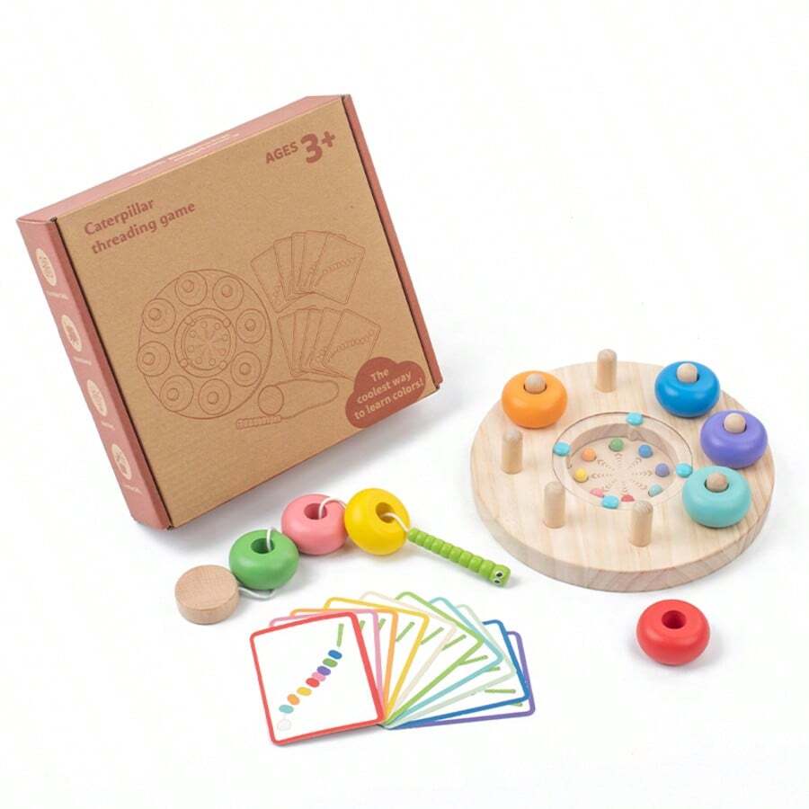 Wooden Caterpillar Lacing Game, Color Matching Bead Lacing Toy With Logic Cards, Educational Learning Toy To Develop Fine Motor Skills And Hand-Eye Coordination, Suitable As A Gift For Children 3 Years And Older - Multicolor - View 1