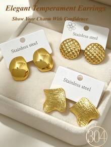 3 Sets Elegant Stainless Steel Cast Earrings, Geometric Shapes Including Round, Square And Other Geometric Designs. Fashionable Minimalist Earrings Suitable For Various Occasions, Valentine's Day, Mom, Mother's Day, Gifts. High Quality Low Allergy Daily Wear Earrings, Gold Earrings Suitable For Summer Travel And Vacation Wear, Perfect Gift For Family And Friends - Gold Sequin Set - View 4