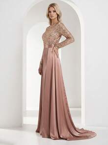 YISIKADO Women's Elegant Sequins Long Sleeve Maxi Mermaid Formal Party Dress With Round Neck - Champagne - View 5