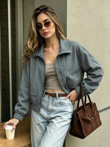 Spring/Autumn Thin Fashion Casual Solid Color Double-Head Metal Zipper Design Decorative Pocket Flap Elastic Cuff Hem Design Stand Collar Raglan Sleeve Women's Jacket - Grey - View 4