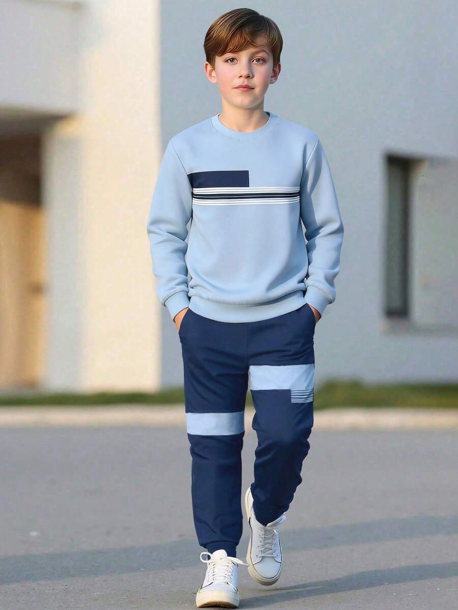 Boys' 2-Piece Set, Light Blue Round Neck Striped Top With Navy Blue Colorblock Jogger Sweatpants, Simple Daily Commute Student Versatile Casual Outfit, Autumn/Winter - Blue - View 1