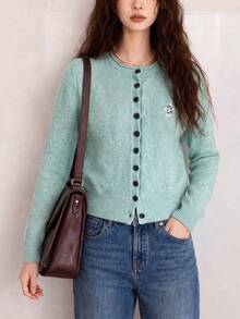 Women's Autumn/Winter Minimalist Style Front Chest Small Embroidery Design Round Neck Cardigan Knit Sweater Fall - Flower Green - View 3