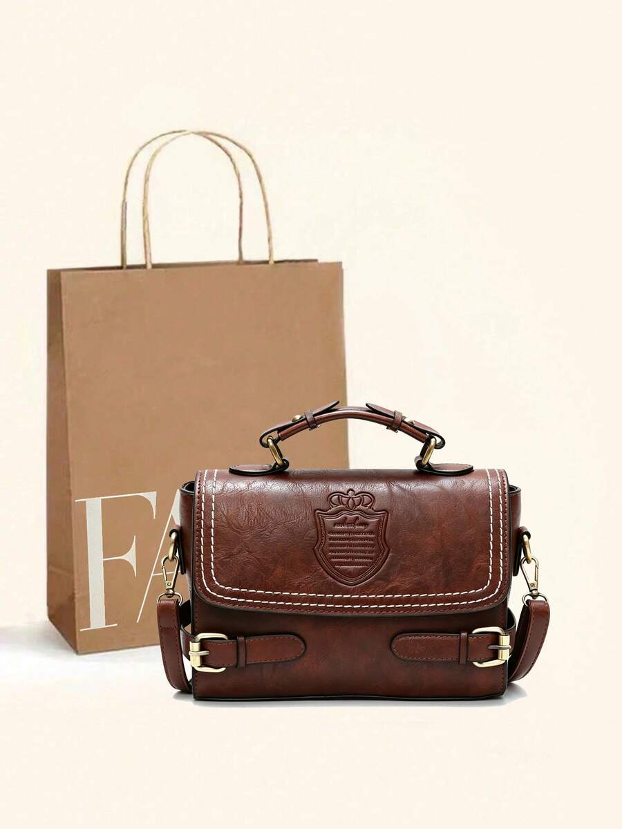 1pc Coffee Brown Vintage Fashion Colorblock Handbag With Flap And Zipper Closure, PU Fabric With Stitching And Buckle Strap, Long Shoulder Strap For Crossbody, Suitable For Daily Use And Commuting - Coffee Brown - View 1