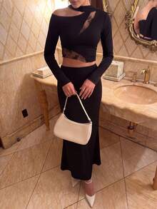 ODALIA Women's Elegant Black 2-Piece Set, One-Shoulder Long Sleeve Cropped Top Paired With Elegant Slim-Fit Long Skirt, Decorated With Semi-Transparent Lace And Hollow-Out Design, Summer Casual 2026 New Arrival, Fall Set, Women's Autumn/Winter Clothing, Women's Elegant Outfit, Back To School - Black - View 2