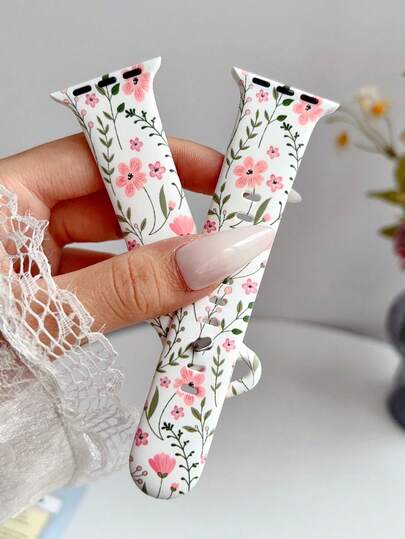 1pc New Pink Flower Blue Leaf Pattern Silicone Watch Band, Compatible With Apple Watch 38mm 40mm 41mm 42mm 44mm 45mm 49mm (S10 42)Mm (S10 46)Mm Women, Fashion Soft Silicone Sports Watch Band, Compatible With Iwatch Series 11 Ultra 3 SE3 Ultra 2 S9/8/7