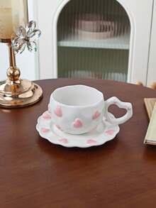 1 Set Pink Heart Embossed Ceramic Coffee Cup And Saucer, Breakfast Milk Cup Latte Coffee Cup Set, Suitable For Home, Cafe, Valentine's Day Gift, Mother's Day, Thanksgiving, Gift For Family And Friends - Multicolor - View 10