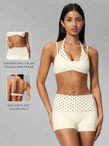 MFVIM Women's 2-Piece Yoga Set, Vintage 2 In 1 Camisole / Folded High Waist Slimming 3-Inch Shorts Anti-Exposure - Cream With Black Polka Dots - View 3