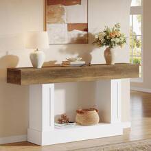 LITTLE TREE 160 Cm Rustic Wooden Console Table, 2-Tier, U-Shaped Base, Long Sofa Table For Behind Sofa, Hallway, Entryway, Living Room - White/brown - View 1