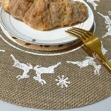 Natural Jute Round Placemats Christmas Reindeer Pattern Woven Heat Insulation Table Mats Rustic Farmhouse Dining Table Decor - Multicolor - View 5