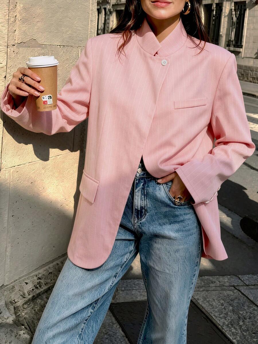 Women's French Gentle Style Pink Stand Collar Asymmetric Button Loose Silhouette Casual Striped Blazer, Suitable For Outings, Commuting And Afternoon Tea - Pink - View 1