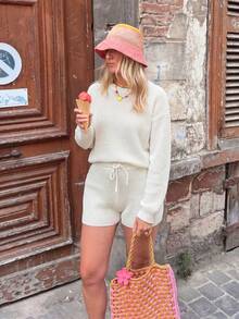 Women's Vacation Style Waffle Knit Set, Round Neck Long Sleeve Knit Top + Drawstring Shorts, Relaxed Home Wear Outfit - White - View 9