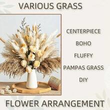 人造芒草花束，香檳色仿真玫瑰與金色球草，鄉村波希米亞風花卉裝飾，適用於居家裝飾、婚禮中心裝飾與活動 - 不含花瓶 - 香檳微風 - 查看 6