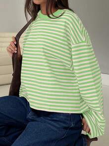 Women's Casual Striped Colorblock Ribbed Top, Everyday Spring/Autumn Wear - Avocado Green - View 5