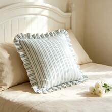 1pc Striped Ruffle Pillow Case, Bohemian, Soft Square Decorative Cushion Cover, Country Style Light-Colored Striped Sofa Bed Home Decor, No Inner Core - Blue - View 10