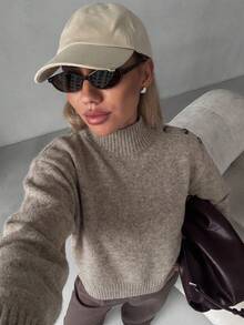 MORI Fall Winter Women Knit Tops Y2K Chic Brown Mock Neck Shoulder Button Loose Sweaters Business Casual Office Workwear Going Out Outfits - Light Khaki - View 2