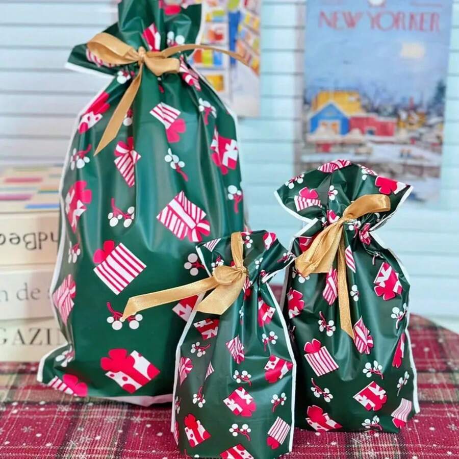 10pcs Christmas Ribbon Gift Bags (With Ribbon) - Green Plastic Candy And Cookie Packaging, Rabbit Ear Candy Bags, For Christmas Eve, Gift Wrapping, Party Supplies, Christmas Decoration, New Year And Christmas Gifts - One Size - View 1