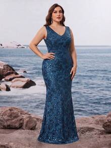 BluePlum Gaun Malam Model Duyung Tanpa Lengan Berkerah V dengan Hiasan Payet Ukuran Plus yang Elegan untuk Pesta Pernikahan Musim Gugur - Teal Blue - View 3