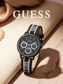 GUESS V1013M2 Matte Black Metal Three-Eye Multifunction Men's Quartz Watch, Glitter Black Dial With Black And White Vertical Stripe Print, Leather - Black - View 3