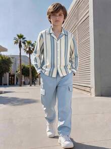 Boys' Spring/Autumn 2 Pieces Set, Turn-Down Collar Vertical Striped Long Sleeve Shirt Paired With Dual-Pocket Cargo Straight Leg Pants, Campus Casual Everyday Outfit - Blue - View 2
